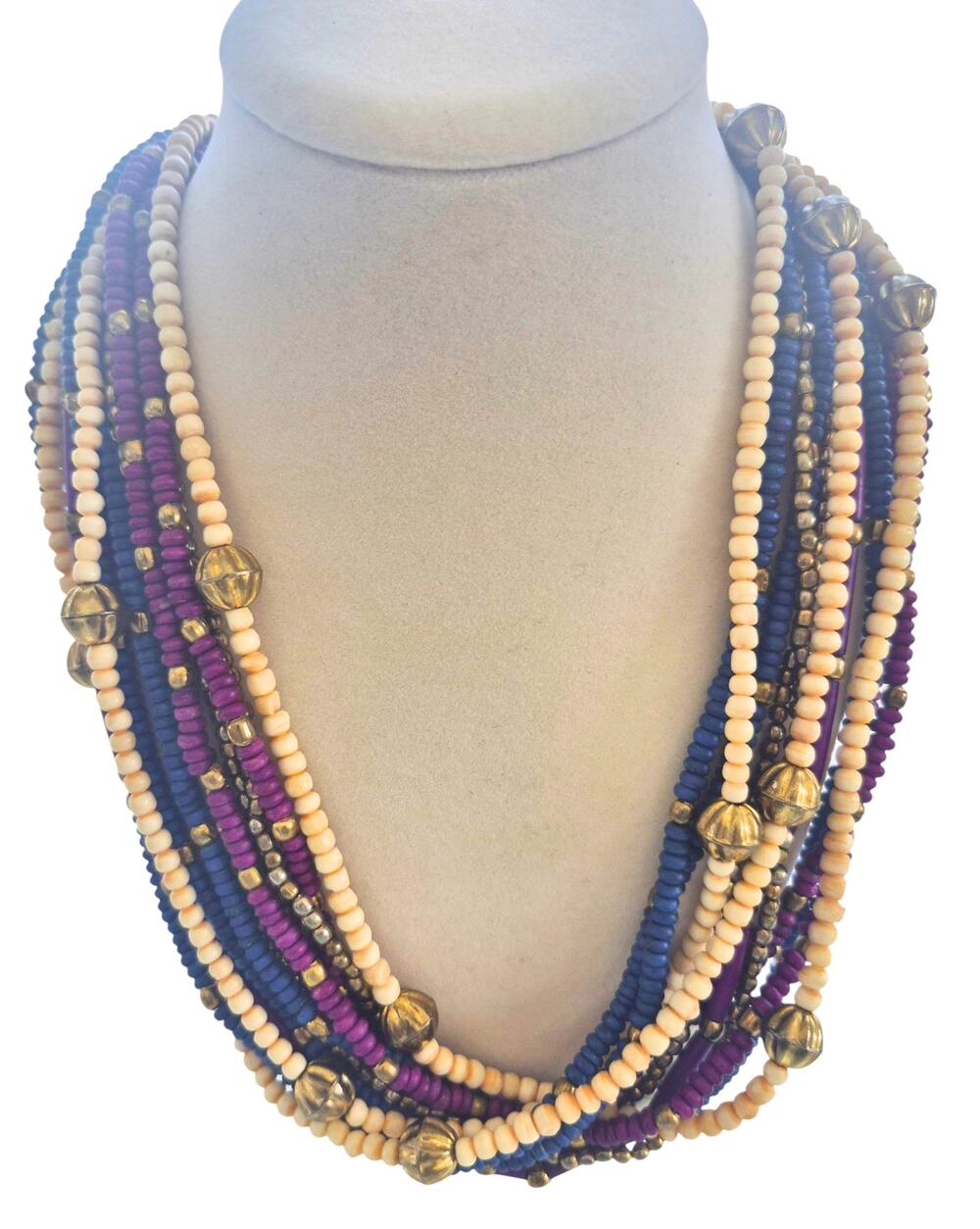 Vintage Multi Strand Beaded Necklace Cream Blue Plum Statement Boho